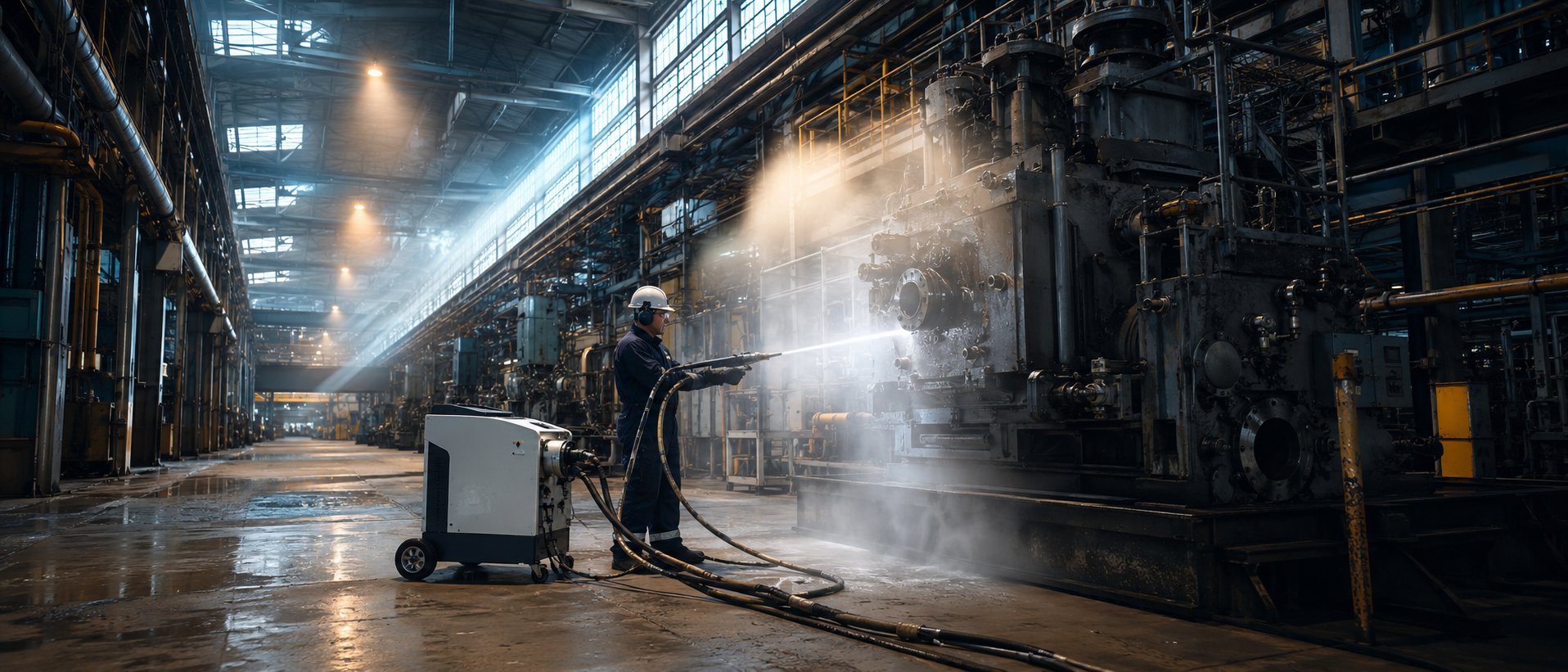 CRYOSTRAL droogijsreiniging uitvoering in grote industriële hal