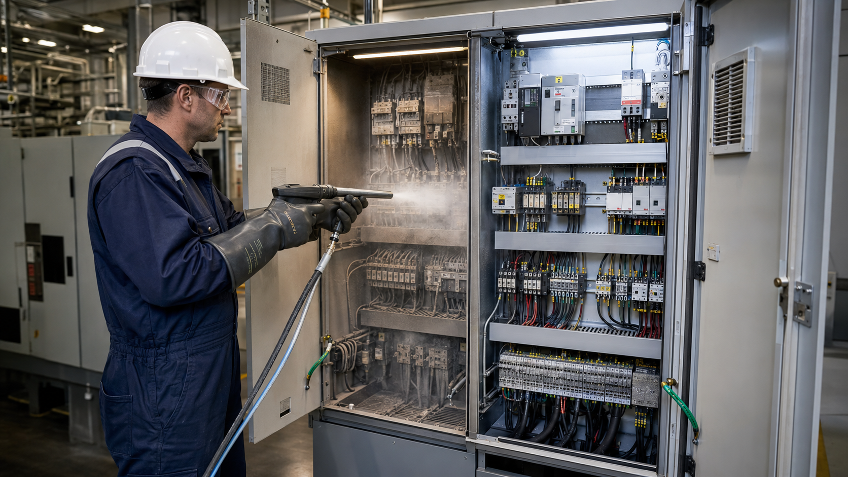 Droogijsreiniging van elektrische schakelkast door CRYOSTRAL