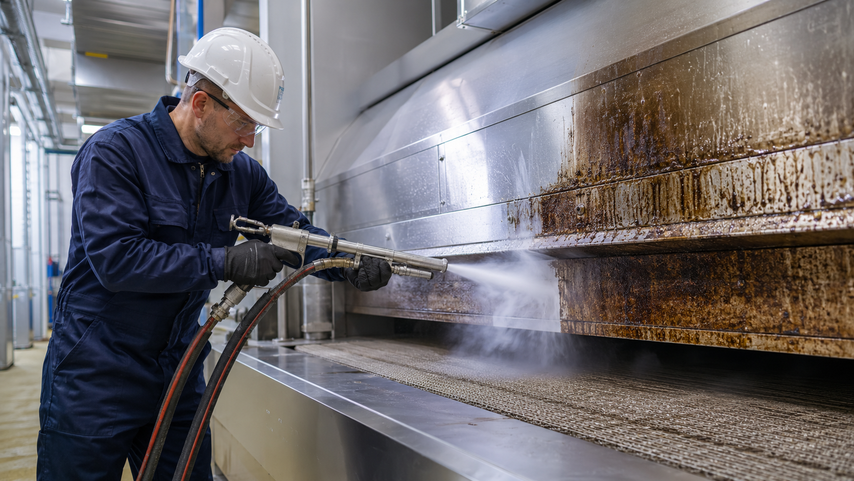 Droogijsreiniging van voedingsband conveyor door CRYOSTRAL