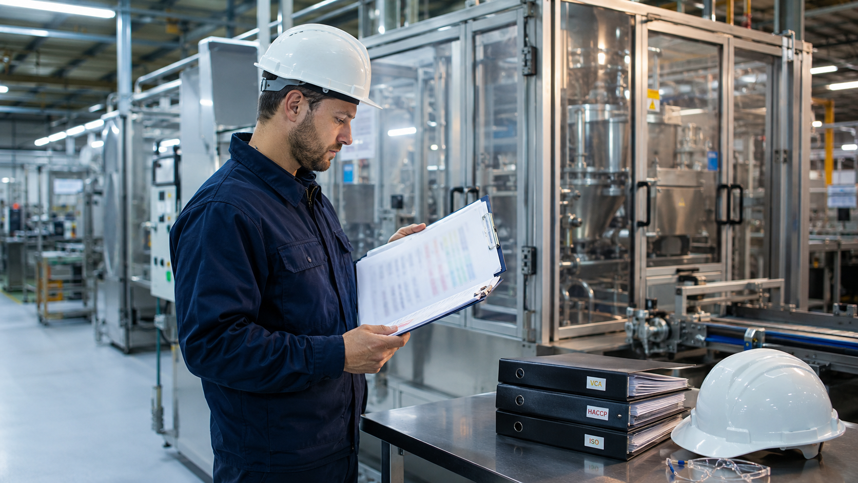 Technicien CRYOSTRAL avec presse-papiers lors de l'inspection de la ligne de production